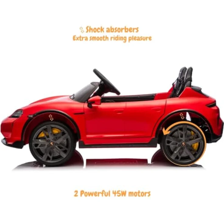 Vrooomy Porsche Taycan Turbo S Elektro Kinderauto, 24V, 2-Sitzer, rot, MP3-Player, sanfter Anlauf, LED-Scheinwerfer – Bild 7