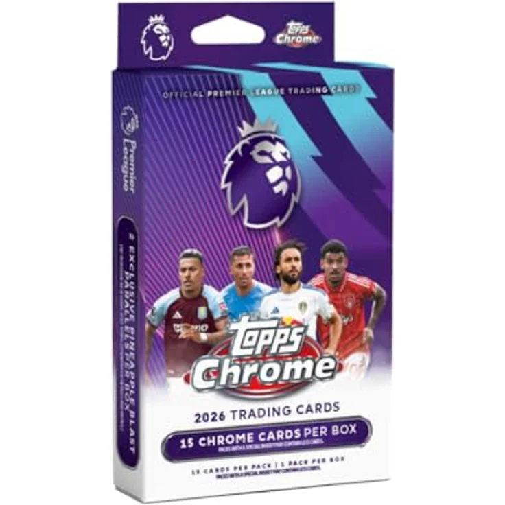 Topps 2025-26 Premier League Chrome Hanger Box, Sammelkarten mit glänzendem Chrome-Finish und seltenen Parallels – Bild 1