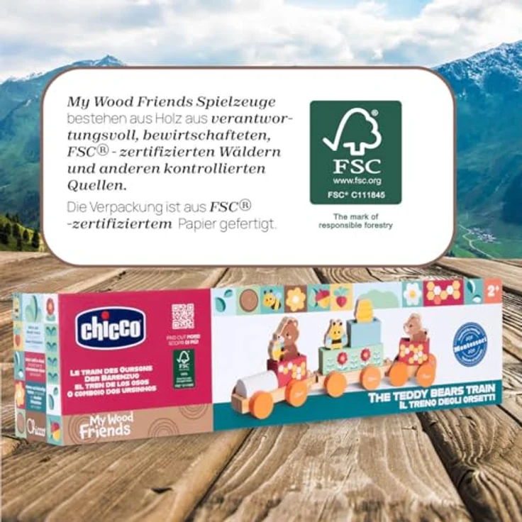 Chicco Teddys Zug - My Wood Friends, Holzeisenbahn mit bunten Bausteinen und 4 Figuren, ab 2 Jahren, FSC®-zertifiziertes Holz – Bild 7