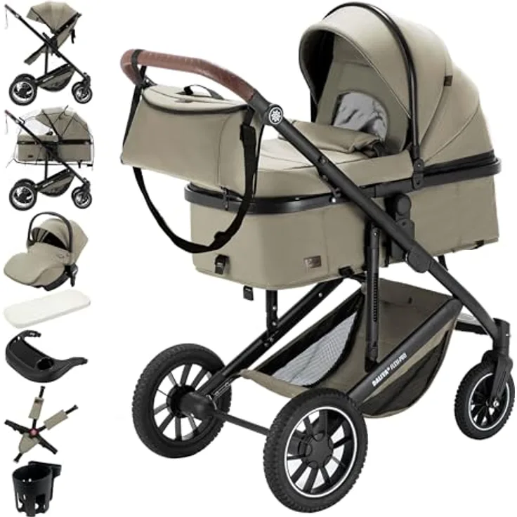 Daliya® FLEXI-PRO M 3-in-1 Kinderwagen & Buggy mit i-Size Babyschale, leichten Aluminiumrahmen, großen Einkaufskorb und einhändig abnehmbarer Babywanne, schwarz