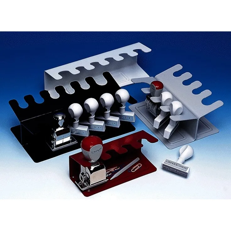 WEDO Stempelträger, gerade, schwarz, 4 Stempel, pulverbeschichtetes Metall, mit Ablagefach für Büroklammern