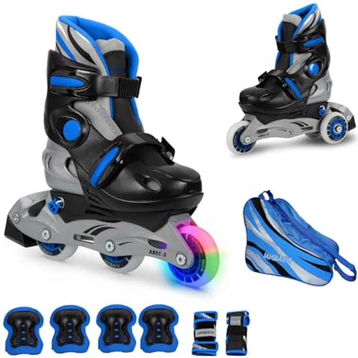 JAMBACH Kinder Inliner Set mit Protektoren verstellbar zum Rollschuh mit LED blau (M (34-37)) - Kinder Inliner-Set, größenverstellbar, mit Blinkfunktion – Bild 1