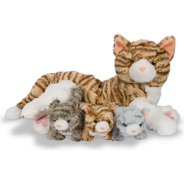 NOXXIEZ Kuscheltier Katzen-Mama mit Babys Kuscheltier Noxxiez Kitten Stofftier, Braun, Hellgrau, Dunkelgrau, 3 Kätzchen im Bauch