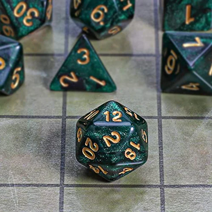 QMAY DND Dice Polyedrisches Würfel Set - 7 Stück für Dungeon und Dragons MTG RPG D&D D20, D12, D10, D%, D8, D6, D4 (Schwarz und Grün) – Bild 4