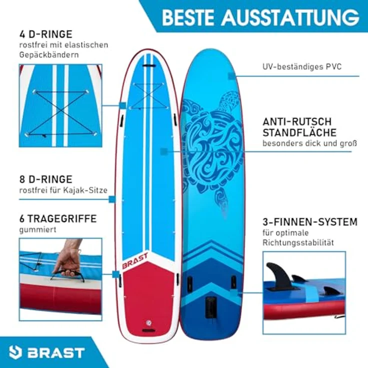 BRAST® SUP Board Family | Aufblasbares Stand up Paddle Set XXL | 370x87x15cm bis 210kg | inkl. Zubehör 2X Kajak-Sitz 2X Fußschlaufe 2X Paddel Pumpe Rucksack | Turtle – Bild 5