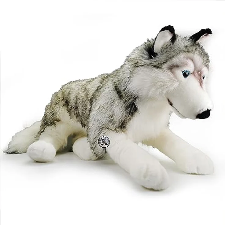 Kuscheltiere.biz Wolf Husky Schlenkertier Grauwolf Plüschtier 80 cm XXL Schlenkerwolf ASKA, überragend weicher Plüschstoff, meliertes Fell, realistisches Design, waschbar bei 30°C, inklusive silberfarbener Esel-Igor-Metallplakette – Bild 2