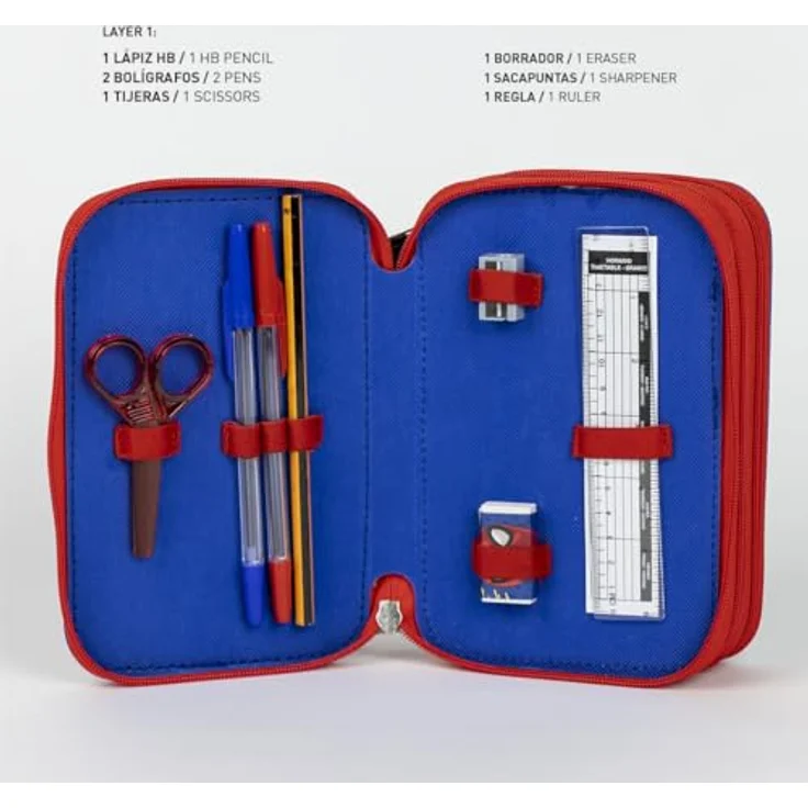 CERDÁ Life's Little Moments Spiderman Federmäppchen mit 3 Fächern, Blau, 12,5 x 6,5 x 19,5 cm, aus 100 % Polyester, mit Reißverschluss und Zubehör – Bild 3