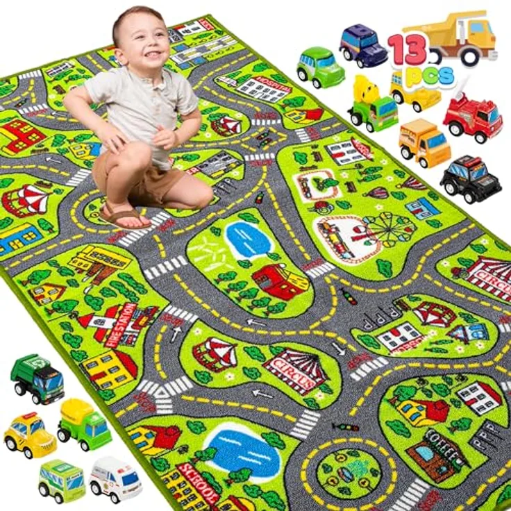 JOYIN Spielteppich Kinderzimmer 80x150cm, Stadtteppich mit 12 Mini Auto Spielzeugen, sicherer und langlebiger Kinderteppich für Jungen und Mädchen