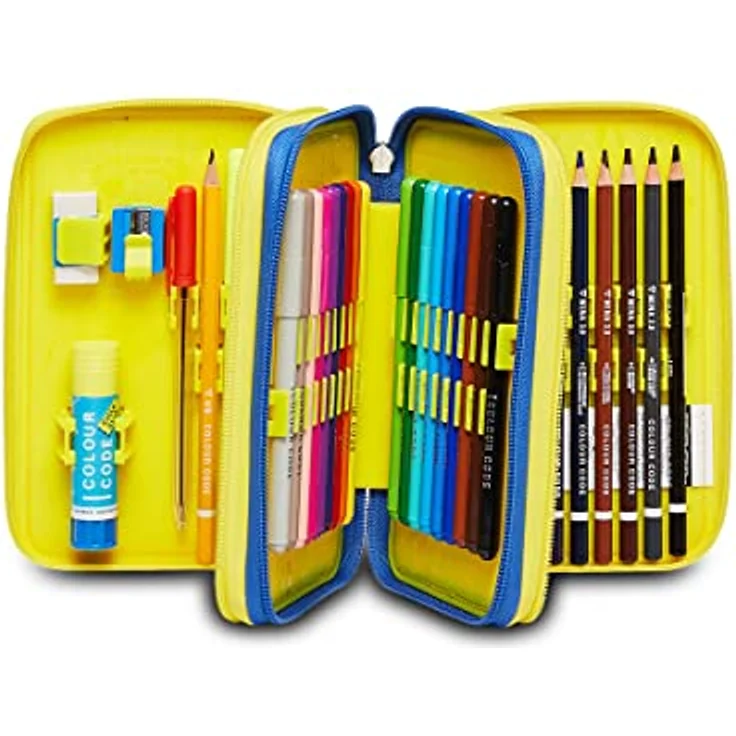 Seven Federmäppchen, mehrfarbiges Etui mit 3 Fächern, inklusive Stiften und Zubehör, XXL, gelb/blau, für Schule und Grundschule – Bild 2