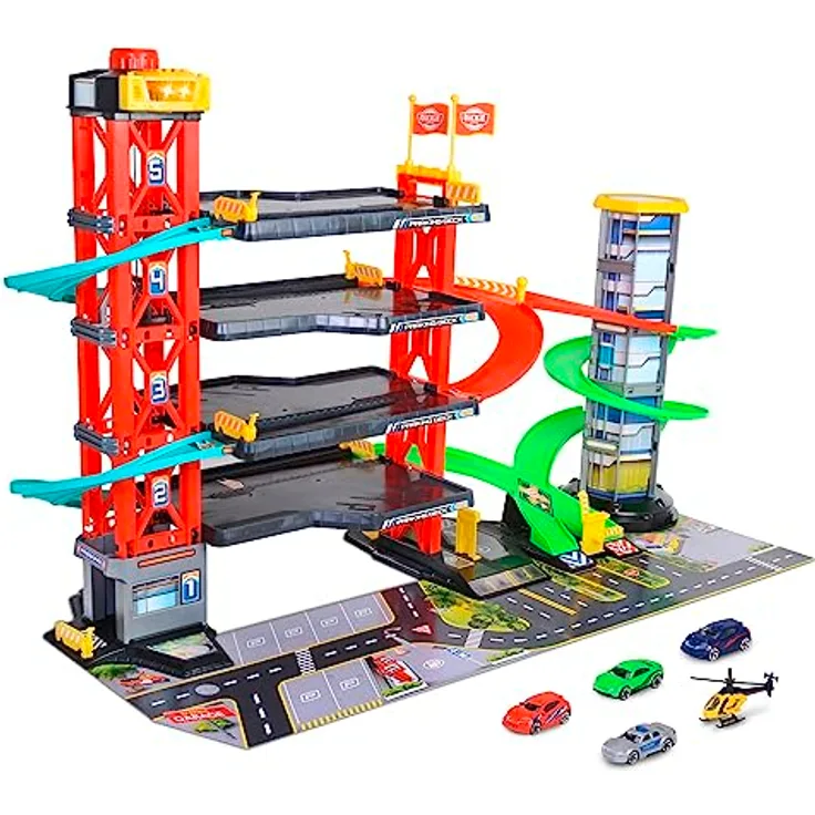 Dickie Toys - 4-stöckiges Parkhaus für Kinder ab 3 Jahre (87x52 cm) mit Zubehör - große Spielzeug-Parkgarage auf 5 Ebenen mit Aufzug, Rennbahn, Spielzeugautos, Hubschrauber, Licht & Sound