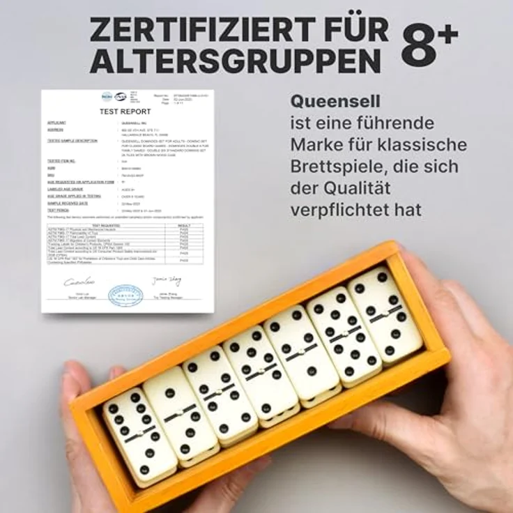 Queensell Domino-Set für Erwachsene, Doppel-6 Brettspiel mit 28 robusten Elfenbeinsteinen und brauner Holzkassette, für 2-4 Spieler – Bild 5