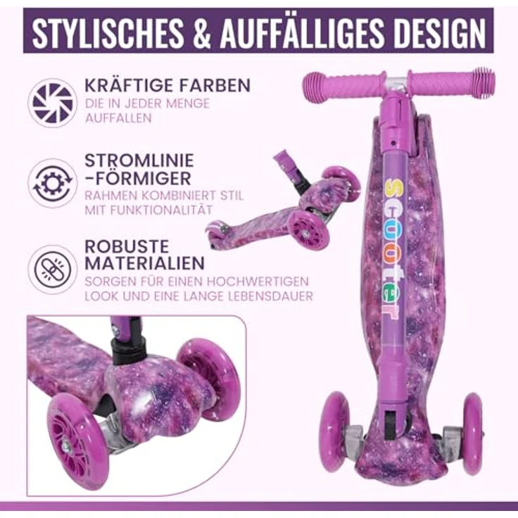 Europebazar Habib Kinderroller Metall-Roller 3-Rad mit LED Licht, Klappbar, verstellbarer Lenker (68-86 cm) und bis 50 kg belastbar, Graffiti – Bild 7