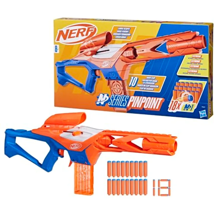 NERF N Series Pinpoint Blaster, Bolt-Action Blaster mit 10er Clip-Magazin und 18 N1 Darts, präzise für Fortgeschrittene, Jungen und Mädchen, weiß
