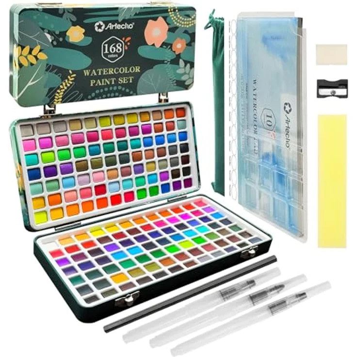 Artecho Aquarellfarben Set 168 Farben, Tragbare Box mit 12 fluoreszierenden, 48 metallic, 24 macaron und 84 klassischen Farben, inklusive Pinsel und Aquarellpapier für Künstler und Hobbymaler – Bild 1