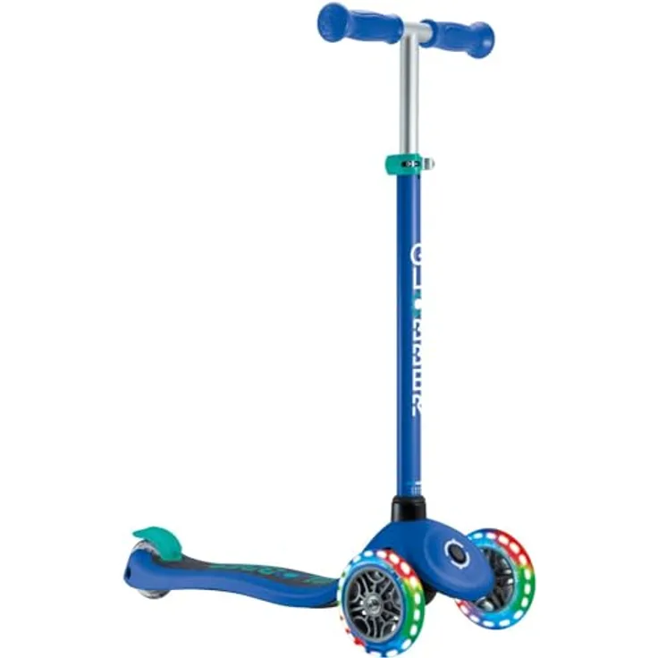 Globber Primo Lights, Kinderscooter mit 3 Rollen, abnehmbare Lenkstange, leuchtende PU-Rollen, max. 50 kg, blau