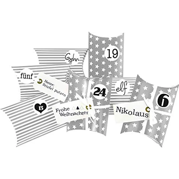 Frau WUNDERVoll® DIY Adventskalender zum Befüllen Christkind, Kissenschachteln 15x11x4,5cm grau Sterne und Streifen, Ziffern schwarz-weiß/Weihnachten, Papiertüten, Kinder, Zahlen, Geschenk, Aufkleber - Preisvergleich