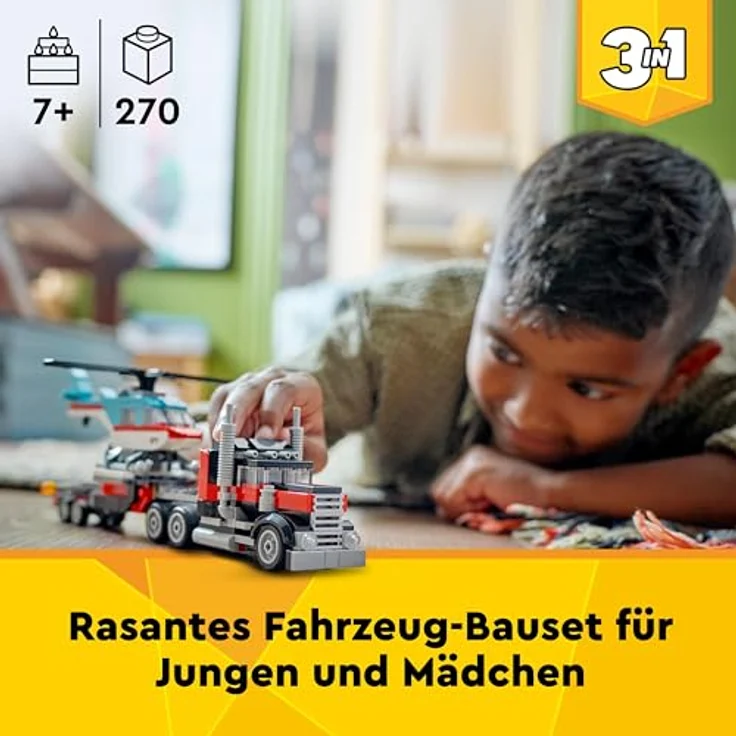 LEGO Creator 3in1 Tieflader mit Hubschrauber, Fahrzeuge-Set mit Helikopter- und LKW-Spielzeug, Flugzeug und Tanklaster, Hot Rod und SUV, Geschenk für 7-jährige Jungs und Mädchen 31146 – Bild 2