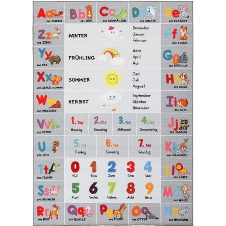 SIMPEX KinderTeppich, Alphabet-Buchstaben-Zahlen-Tiere, Grau, 140 x 200 cm, rutschfeste Unterlage, OEKO-TEX zertifiziert, pädagogisch wertvoll für Kinderzimmer – Bild 2