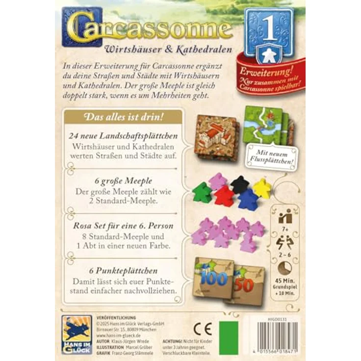 Hans im Glück Carcassonne – Wirtshäuser und Kathedralen (Auflage 2025), 1. Erweiterung, Familienspiel für 2-6 Spieler ab 7 Jahren, 45 Minuten Spielzeit, Deutsch – Bild 3
