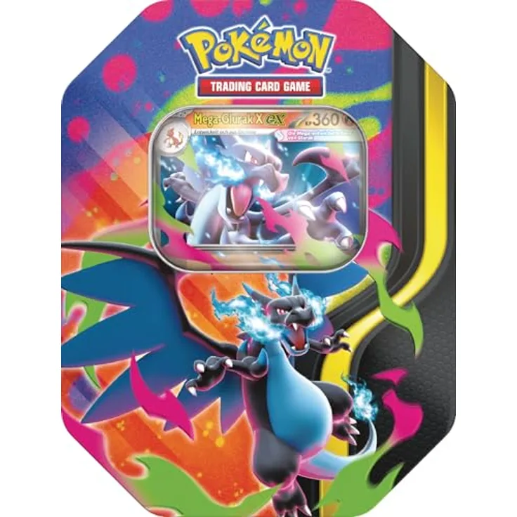 Pokémon PKM Tin 126 Mega-Glurak X, Sammelkarten-Box mit holografischer Promokarte und 4 Boosterpacks