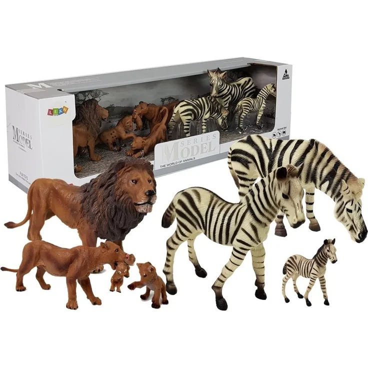 Lean Toys Figurensatz Afrika Wildtiere, Löwenfamilie und Zebras, 7 detailgetreue Figuren aus Hartgummi für Kinder ab 3 Jahren, CE-zertifiziert
