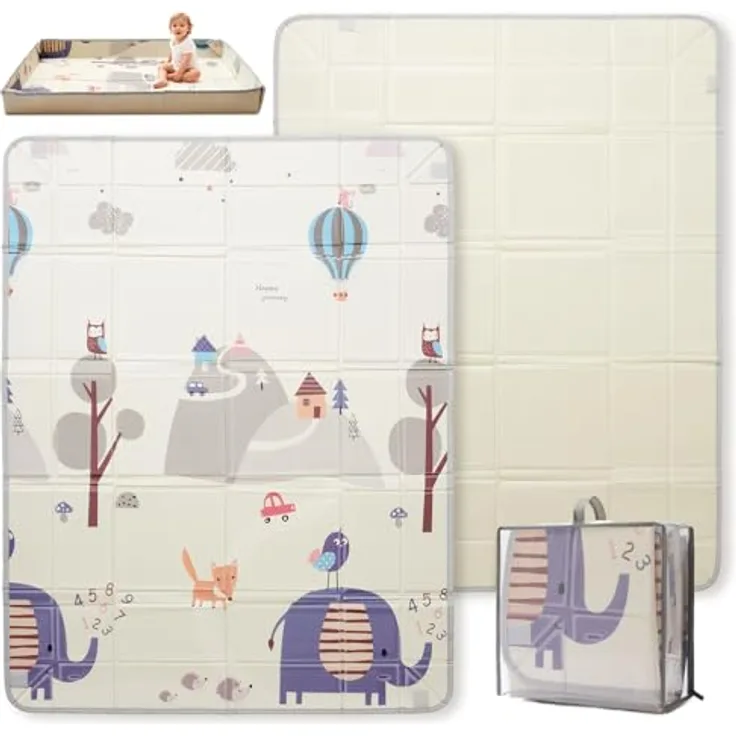 Freudeskind Faltbare Krabbelmatte Baby, große Schaumstoff Spielmatte mit Wasserfestigkeit, Elefanten Grau, convertible to play arena