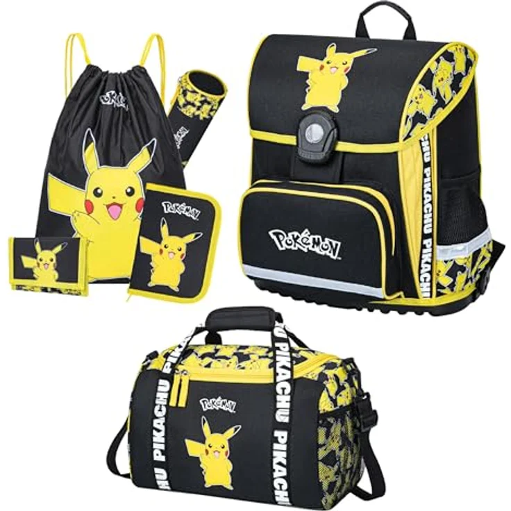 Familando Pokémon Schulranzen Set mit Sporttasche, ergonomisch, kompakt, 990 g leicht, 18 L Volumen, wasserdichter Boden, Pikachu Motiv, für die 1. bis 4. Klasse – Bild 1