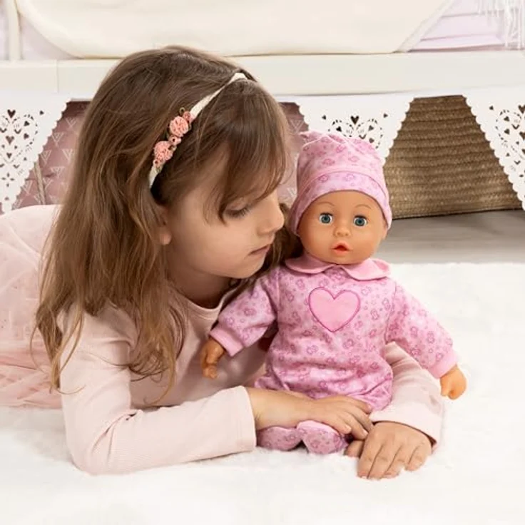 Bayer Babypuppe First Words Baby, 38 cm, rosa mit Schlafaugen und 24 Babygeräuschen, 3-tlg. Set – Bild 2