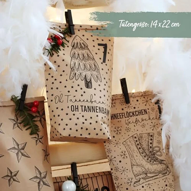 PAPIERDRACHEN Extravaganter Adventskalender zum Befüllen - mit 24 braunen Geschenktüten und 24 Zahlenaufklebern - Motiv Christmas - zum Basteln und Verschenken - Weihnachten & Advent – Bild 4