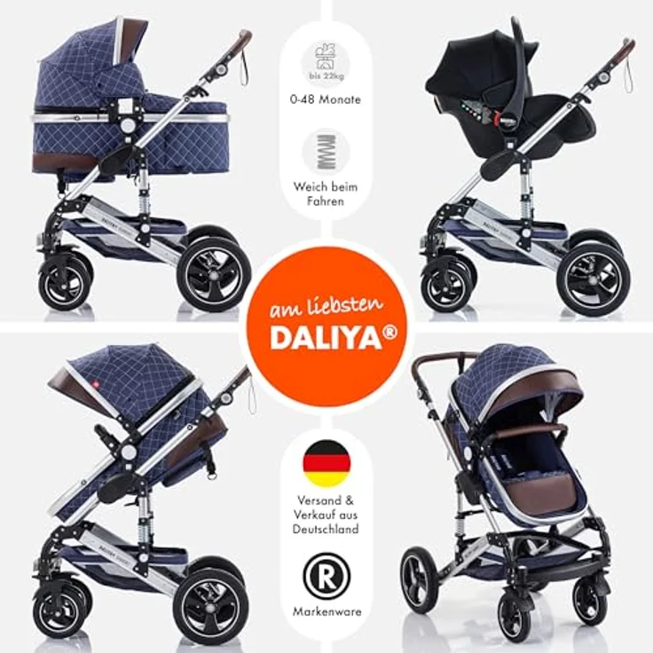 Daliya BAMBIMO 2in1 Kinderwagen & Buggy, Blau - Aluminium Gestell mit doppelter Federung, UV-Schutz 50+, pannensichere Airless Räder, faltbar, mit großem Einkaufskorb – Bild 2