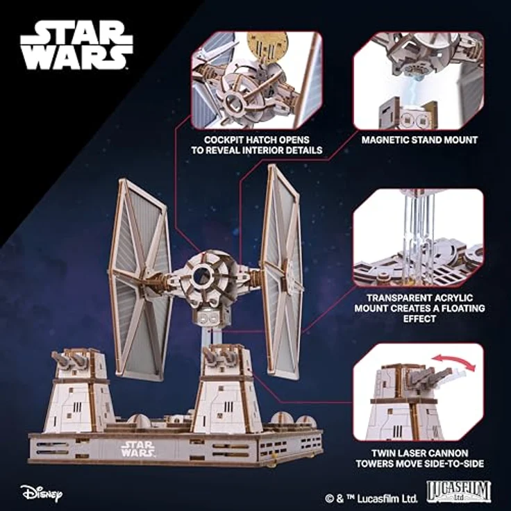 UGEARS Star Wars TIE Fighter 3D Puzzle Holz – Modellbausatz mit verstecktem Motor, naturfarben, für Erwachsene, ohne Kleber, Sammlerstück und Lernspielzeug – Bild 5