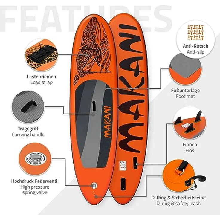 ECD Germany Aufblasbares Stand Up Paddle Board Makani, 320 x 80 x 15 cm, Orange, PVC, bis 120 kg, inkl. Pumpe, Tragetasche und Zubehör – Bild 3