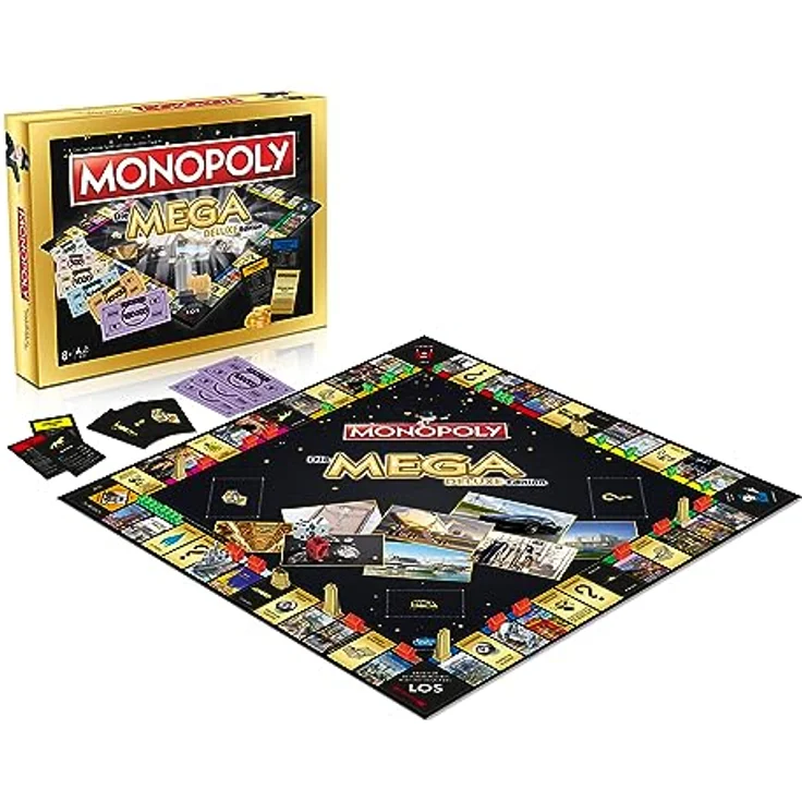 Winning Moves Monopoly - Mega Deluxe Edition Luxus Brettspiel mit 12 zusätzlichen Spielfeldern, 250.000 M Startkapital, Silbernen Wolkenkratzern und Tempowürfel, für 2-6 Spieler, deutsch – Bild 5