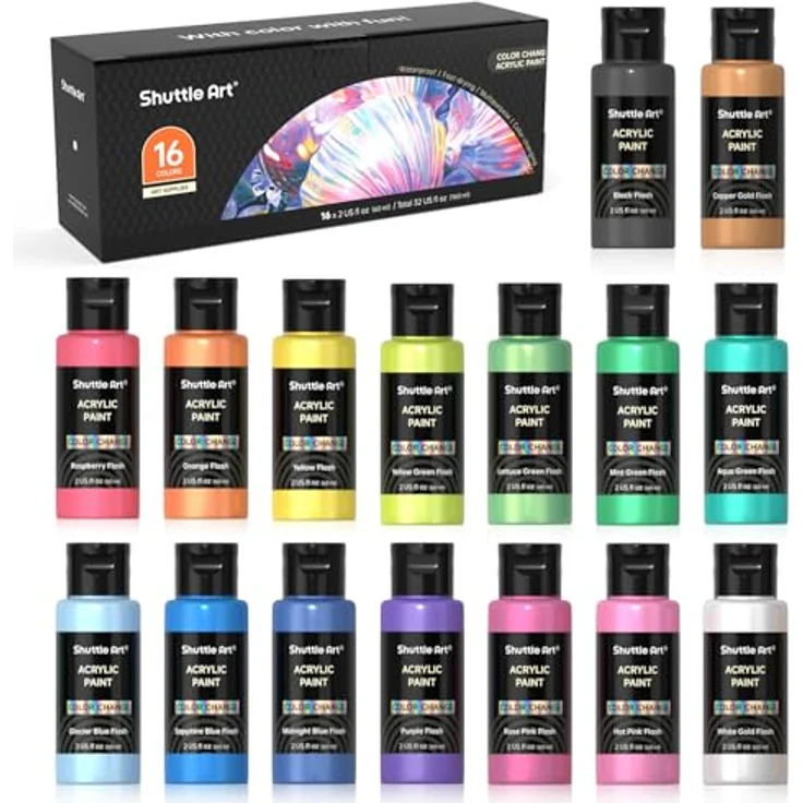 Shuttle Art Acrylfarben Set, 16 Chamäleonfarben mit Perlglanz, 60ml Flaschen, geeignet für Leinwand, Glas, Holz und mehr – Bild 1