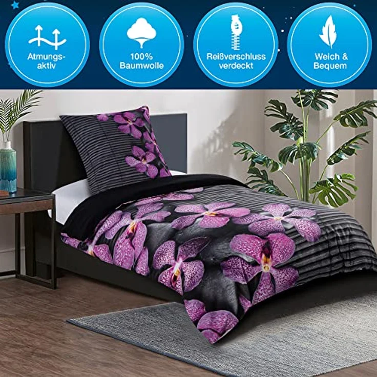 Sanilo® Vanda Bettwäsche 135x200 cm, 100% feinste Baumwolle, 4-teilig, Oeko-TEX zertifiziert, Wendebettwäsche, Pflegeleicht – Bild 4