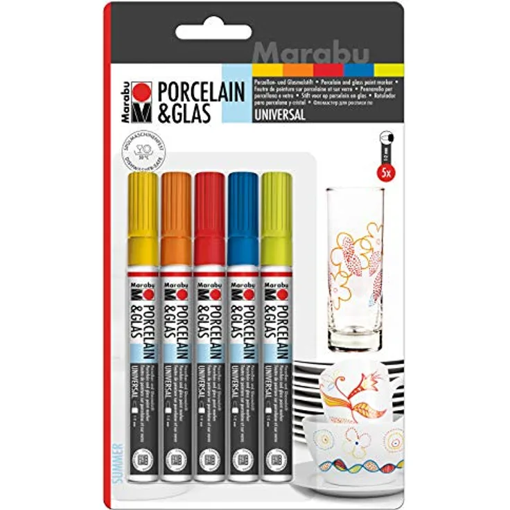 Marabu Porcelain & Glas Painter Summer, 5-teiliges Set von Filzstiften für kreative glasierte Kunstwerke