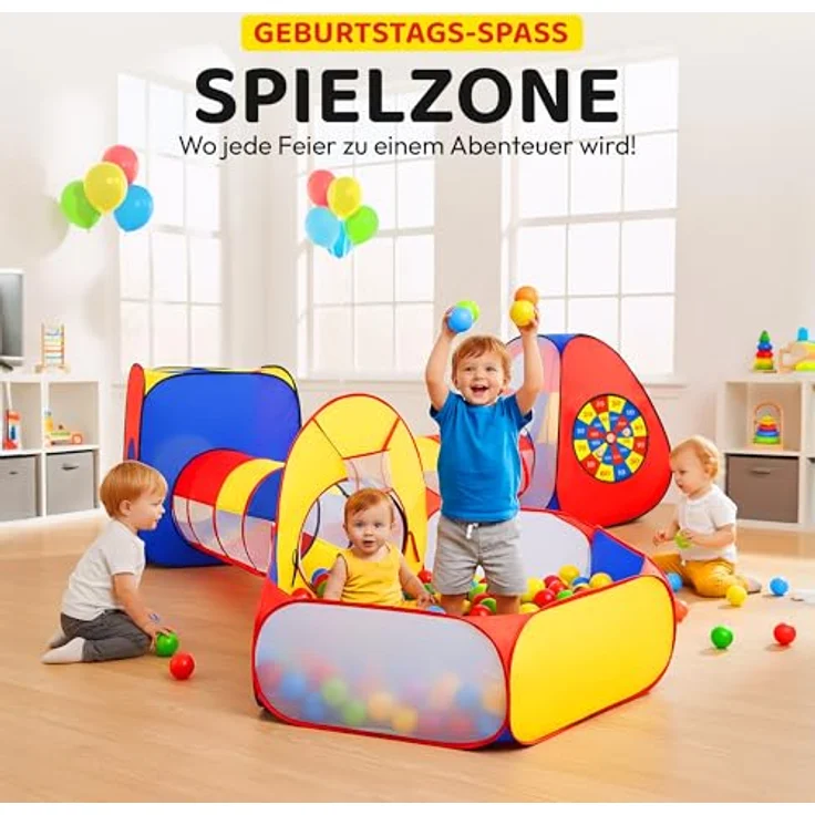 all Kids United® XXL Spielzelt mit Tunnel, Bällebad, Krabbel-Tunnel & Klettball Dartscheibe, Pop-Up 5-teiliges Spiel-Haus mit Tasche – Bild 3