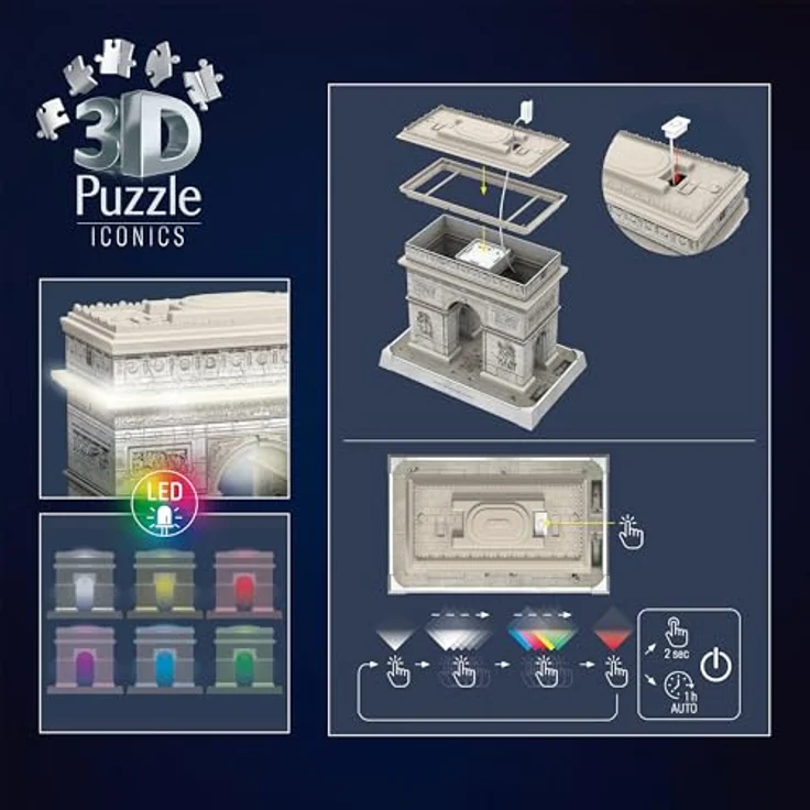 Ravensburger 3D Puzzle Iconics: Triumphbogen Paris - mit LED Beleuchtung und 3 Beleuchtungsmodi, Detailgetreue Nachbildung, 216 Teile – Bild 7