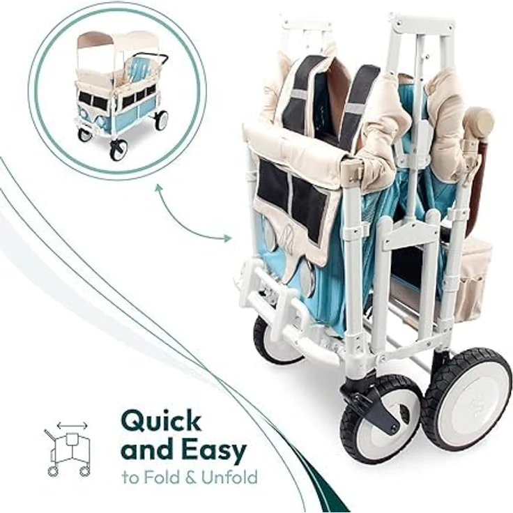 WONDERFOLD VW4 Volkswagen Kinderwagen Wagon Bondi Blau, faltbarer 4-Sitzer mit verstellbarem Schiebegriff und viel Stauraum – Bild 5