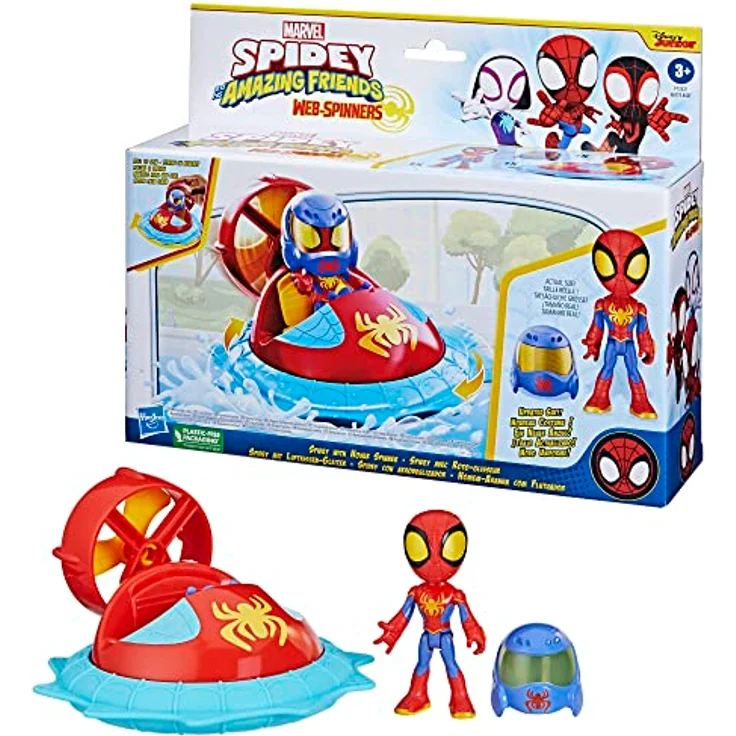 Spidey and his Amazing Friends Web-Spinners, Spielzeugauto mit 10 cm Spidey Figur im Luftkissen-Gleiter Design und abnehmbarem Helm – Bild 3