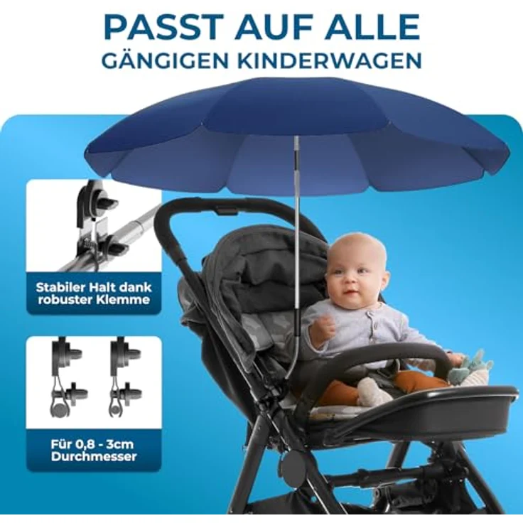STYNGARD Sonnenschirm Kinderwagen Modell ROME, UV Schutz 50+, 70 cm Durchmesser mit Überhang, 360° verstellbar, flexibele Universalhalterung – Bild 3