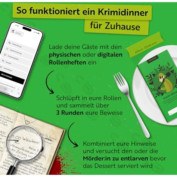 Gourmet Criminelle® Krimidinner für zuhause | 4 bis 6 Personen | Mysteriöser Mordfall für Deine Dinnerparty [Mord durch Gartenzwerg] – Bild 4