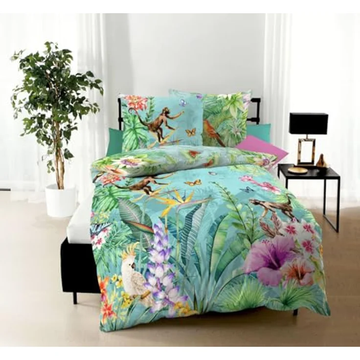 JACK Mako Satin 4tlg. Äffchen Dschungel Kakadu Schmetterling Bunt Urwald, 135x200cm Kinderbettwäsche – Bild 5