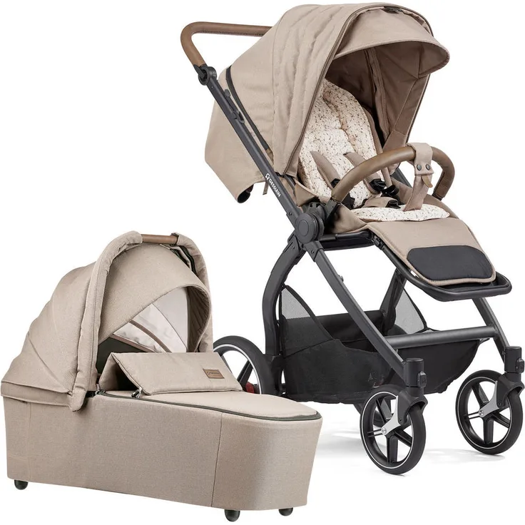 Gesslein Kombikinderwagen FX4 Swing Set, Braun, metall, 55x130x100 cm, EN 1888, UV 50+, Oeko-Tex® Standard 100, Feststellbremse, abklappbare Fußstütze, Federung, kugelgelagerte Räder, abnehmbare Verdeckung, 5-Punkte-Gurt, für Babyschale geeignet, Griff in Lederoptik