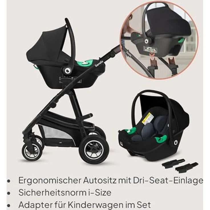 Lionelo Bianka 3-in-1 Kinderwagen, Beige Sand mit ADAC-zertifiziertem Kindersitz und doppelter Stoßdämpfung – Bild 9