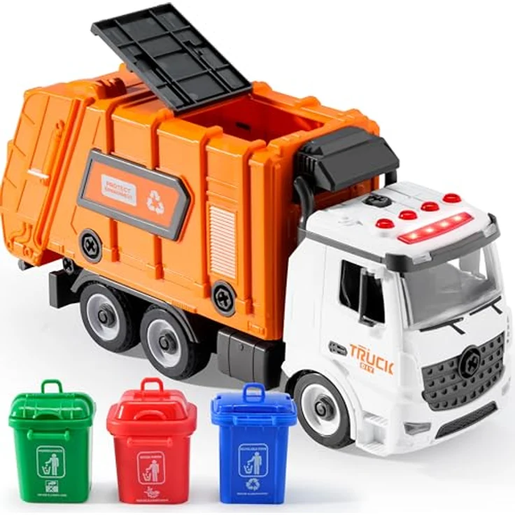 JOYIN Jumbo Take Apart Müllwagen-Spielzeug, reibungsbetrieben mit Licht und Geräuschen, mit 3 Mülleimern und Schraubendreher, DIY-Bausatz, orange – Bild 1