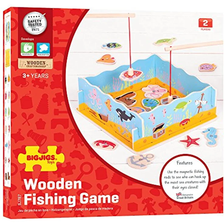 Bigjigs Toys Magnetischer Fischfänger, Holzspielzeug mit 10 Seefiguren und 2 Angelruten – Bild 7