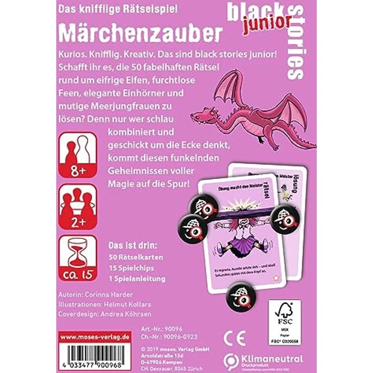 moses 90096 Black Stories Junior Märchenzauber-50 Einhorn Rätsel Kartenspiel mit Spielvariante und Punktechips, für Kinder ab 8 Jahren, Yellow – Bild 3
