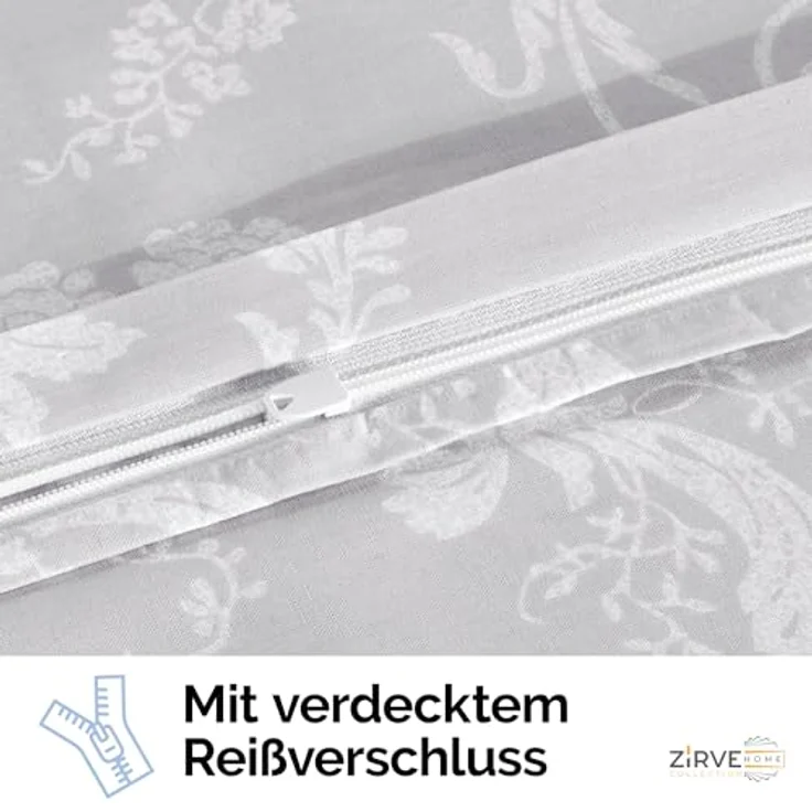 ZIRVEHOME Bettwäsche 135x200 cm. grau, 100% Baumwolle/Renforcé, 2 teilig Set Wende bettbezug aus Baumwolle mit weiß barock Muster, Verdeckter Reißverschluss, 1 mal Kissenbezug 80x80 cm. Alone V1 - Preisvergleich – Bild 5