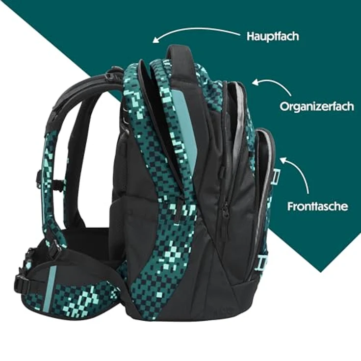 coocazoo MATE Schulrucksack, Pixel Blox, Ergonomischer Rucksack mit Easy-Grow-System, 30 l, schwarz/grün – Bild 3